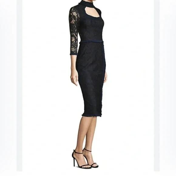 Alexis Fiorenza Midi Lace Dress 3/4 Sleeve Black Ruffled Sheath Cut Out XS - Picture 3 of 11